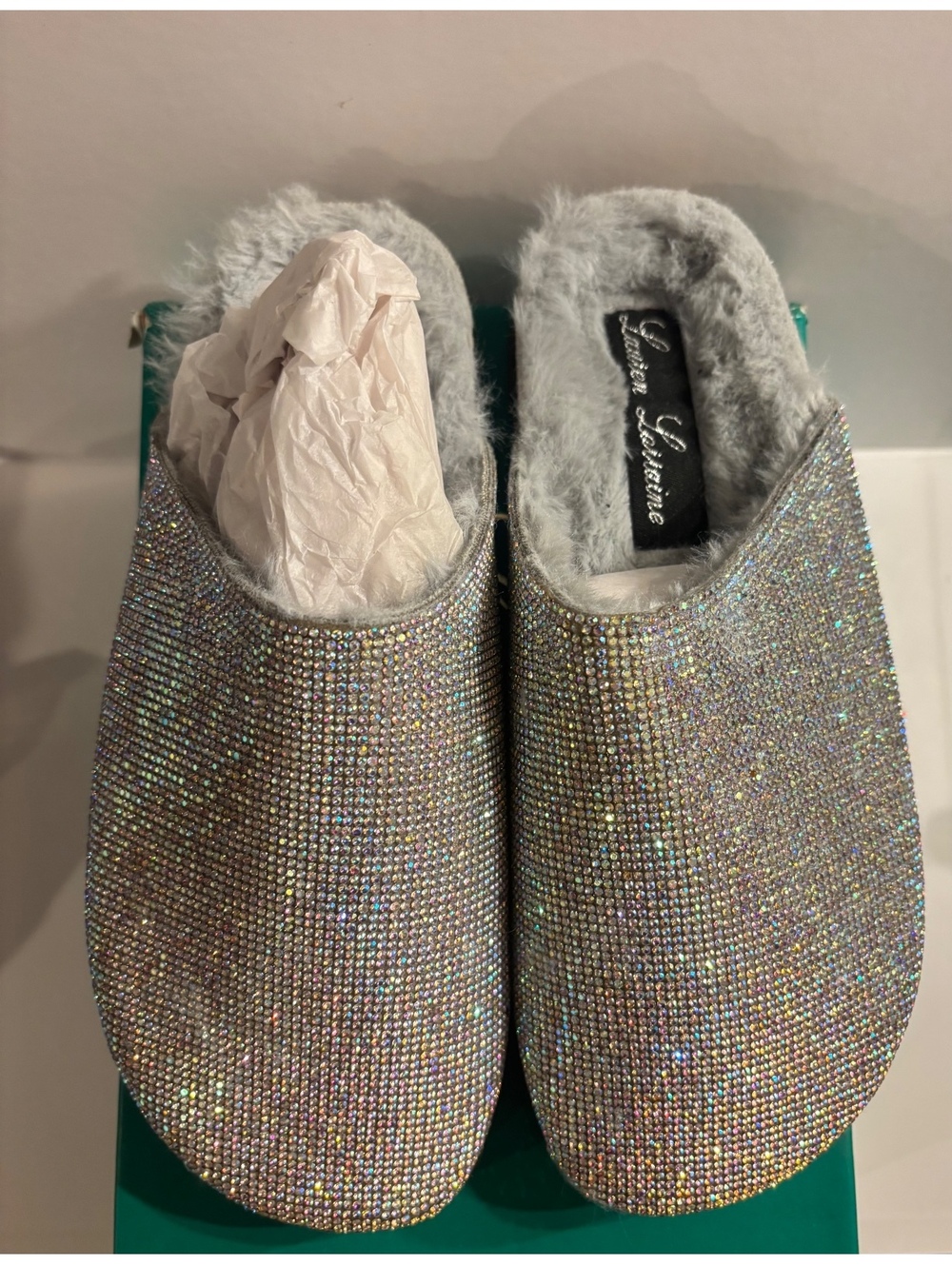 Lauren Lorraine Lizzy Rhinestone Clog Mule Women’s 7.5 Silver Faux Fur NWB